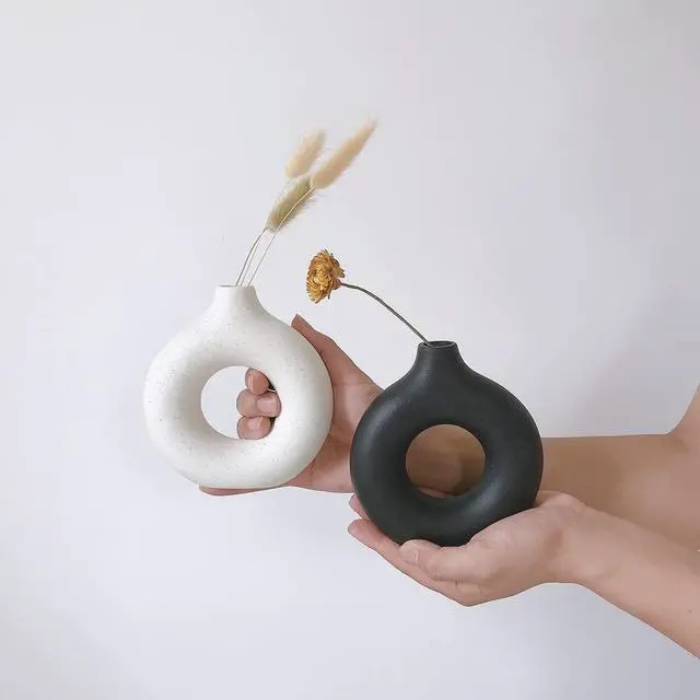 Alt view image 3 of 7 - White Ceramic Vases for Pampas Grass,Water Drop Design Doughnut vase Modern Home Decor Minimalist Nordic Boho Ins Style (Black Mini)