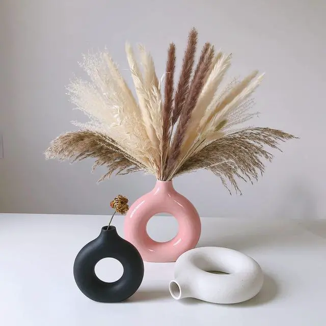 Alt view image 7 of 7 - White Ceramic Vases for Pampas Grass,Water Drop Design Doughnut vase Modern Home Decor Minimalist Nordic Boho Ins Style (Black Mini)