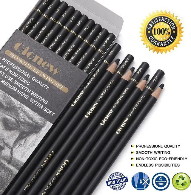 Alt view image 2 of 7 - Qionew Professional Soft Medium and Hard Charcoal Pencils Drawing Set 10Pcs | Super Soft, Soft, Medium & Hard Charcoal Pencils for Drawing, Sketching, Shading, Beginners & Artists