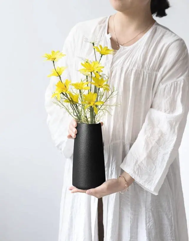Alt view image 5 of 7 - Black Ceramic Vase - Modern Flower Vase for Home Decor - Cute Vase for Pampas Grass - Desk Aesthetic Room Decor- Farmhouse Decor - Living Room - Dining Table - Office - Kitchen Shelf