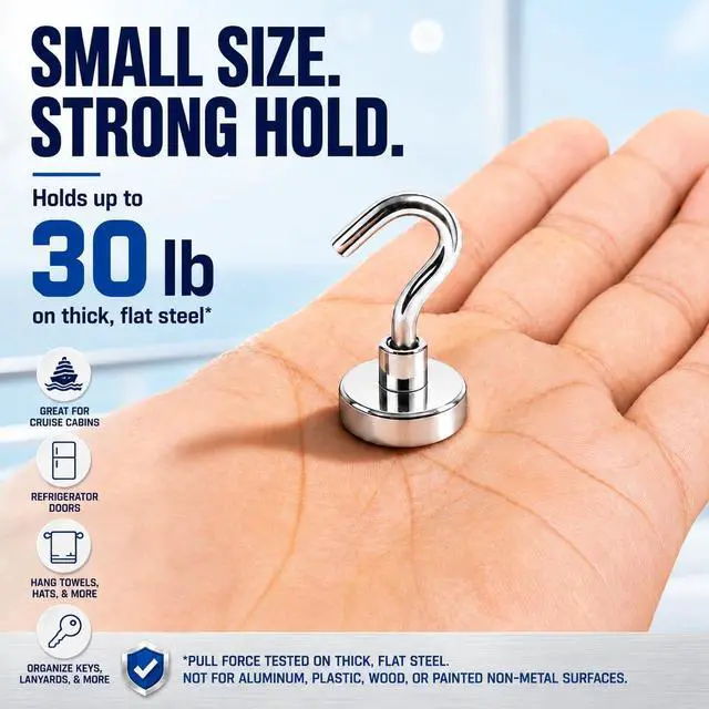 Alt view image 2 of 7 - Neosmuk Magnetic Hooks, 30lb Heavy Duty, Silver, 10 Pack | for Cruise Cabins and Cruise Essentials 2026, Strong Magnet Hooks for Hanging on Metal Walls and Refrigerators