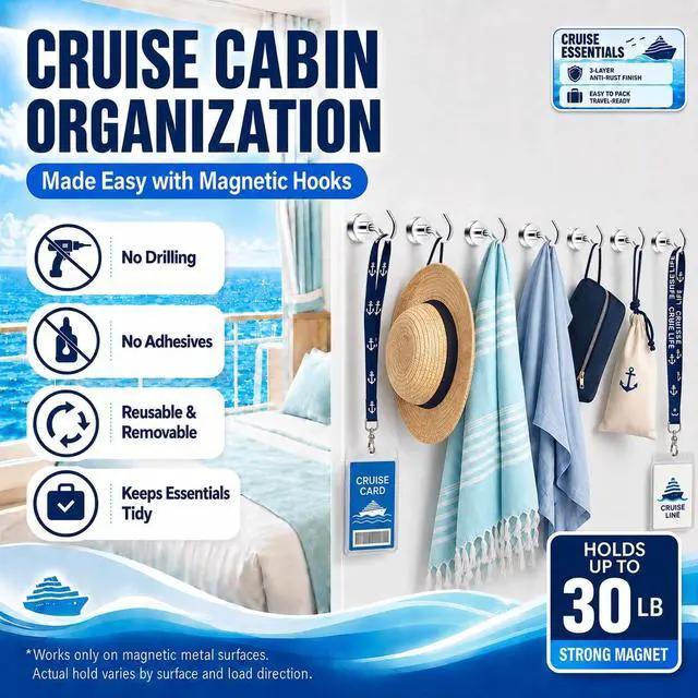 Alt view image 3 of 7 - Neosmuk Magnetic Hooks, 30lb Heavy Duty, Silver, 10 Pack | for Cruise Cabins and Cruise Essentials 2026, Strong Magnet Hooks for Hanging on Metal Walls and Refrigerators