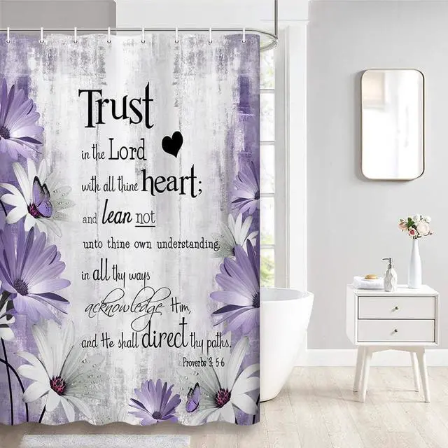 Alt view image 2 of 5 - Rustic Farmhouse Purple Shower Curtain Bible Verse Inspirational Shower Curtain Country Farm Bright Violet Daisy Flowers Butterfly Abstract Shower Curtain Set for Bathroom, 36X70IN