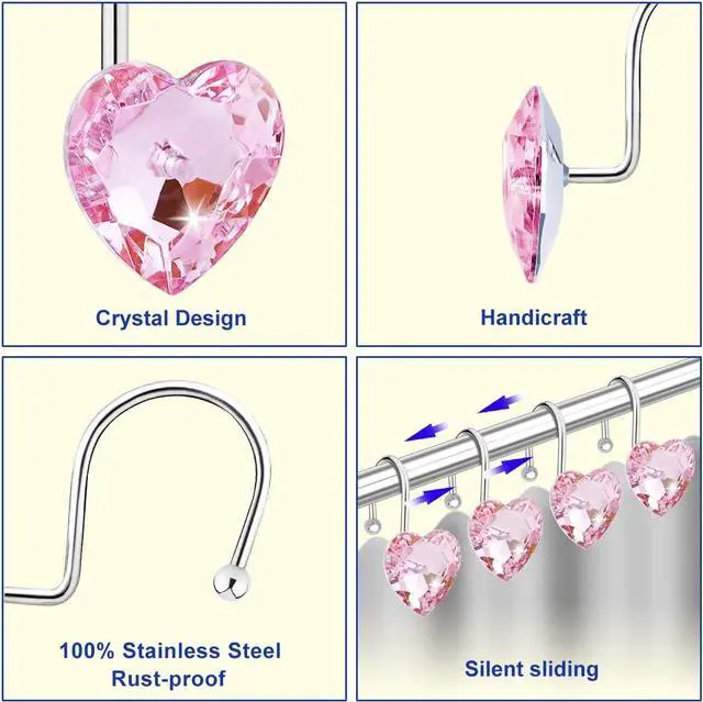Alt view image 2 of 6 - Shower Curtain Hooks Rings for Bathroom, 12PCS Valentines Day Heart Stainless Steel Rust Resistant Decorative Rhinestones Shower Curtain Rings Hangers for Shower Curtains, Clothing, etc.