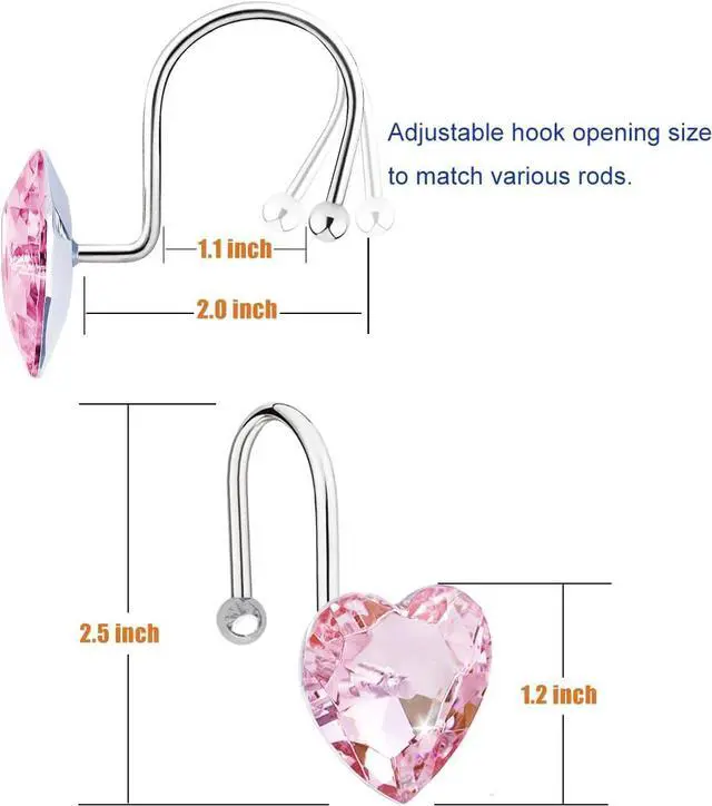 Alt view image 3 of 6 - Shower Curtain Hooks Rings for Bathroom, 12PCS Valentines Day Heart Stainless Steel Rust Resistant Decorative Rhinestones Shower Curtain Rings Hangers for Shower Curtains, Clothing, etc.