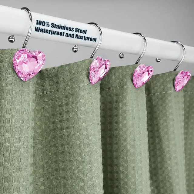 Alt view image 4 of 6 - Shower Curtain Hooks Rings for Bathroom, 12PCS Valentines Day Heart Stainless Steel Rust Resistant Decorative Rhinestones Shower Curtain Rings Hangers for Shower Curtains, Clothing, etc.