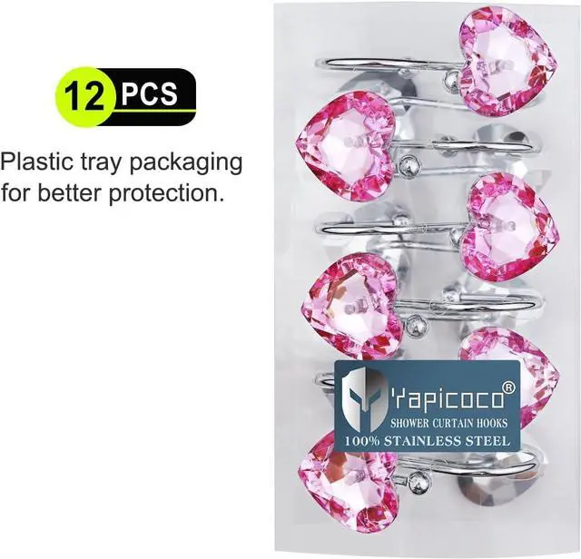 Alt view image 6 of 6 - Shower Curtain Hooks Rings for Bathroom, 12PCS Valentines Day Heart Stainless Steel Rust Resistant Decorative Rhinestones Shower Curtain Rings Hangers for Shower Curtains, Clothing, etc.