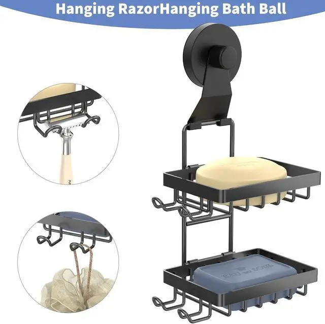 Alt view image 3 of 7 - Moforoco Soap Bar Holder for Shower, No Drilling, 304 Stainless Steel, Wall Mounted Soap Holder with 4 Hooks and Razor Holder, Shower Rack Soap Tray Bar Soap for Bathroom (Black, 2-T Suction Cup)