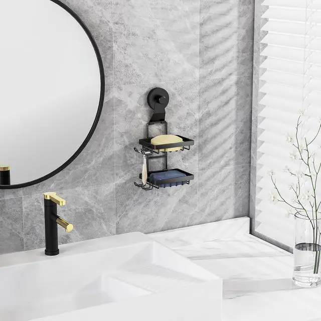 Alt view image 5 of 7 - Moforoco Soap Bar Holder for Shower, No Drilling, 304 Stainless Steel, Wall Mounted Soap Holder with 4 Hooks and Razor Holder, Shower Rack Soap Tray Bar Soap for Bathroom (Black, 2-T Suction Cup)