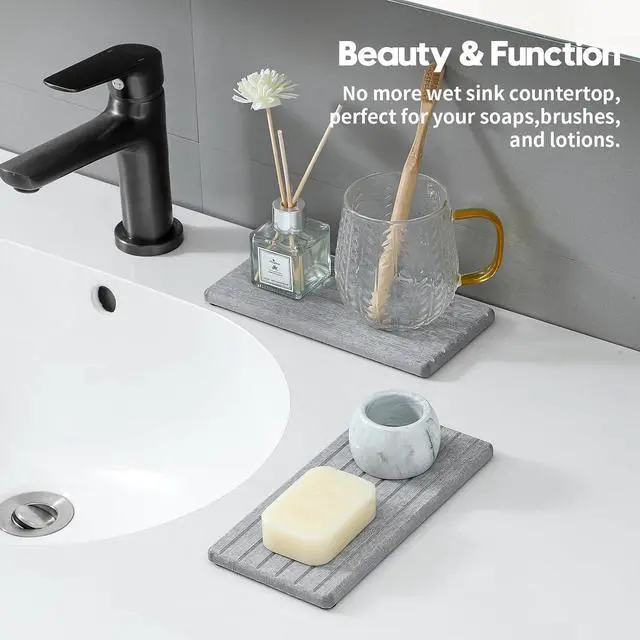 Alt view image 2 of 7 - Razborci 2PCS Instant Dry Diatomite Stone Counter Makeup Tray Organizer, Fast Drying Caddy Kitchen Sponge Holder Mat, Bathroom Vanity Toothbrush Bottle Dispenser Soap Dish Rack, Light Gray, 8"x 3.8"