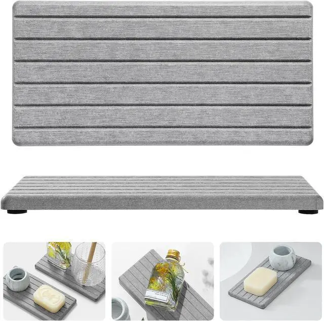 Main image of Razborci 2PCS Instant Dry Diatomite Stone Counter Makeup Tray Organizer, Fast Drying Caddy Kitchen Sponge Holder Mat, Bathroom Vanity Toothbrush Bottle Dispenser Soap Dish Rack, Light Gray, 8"x 3.8"