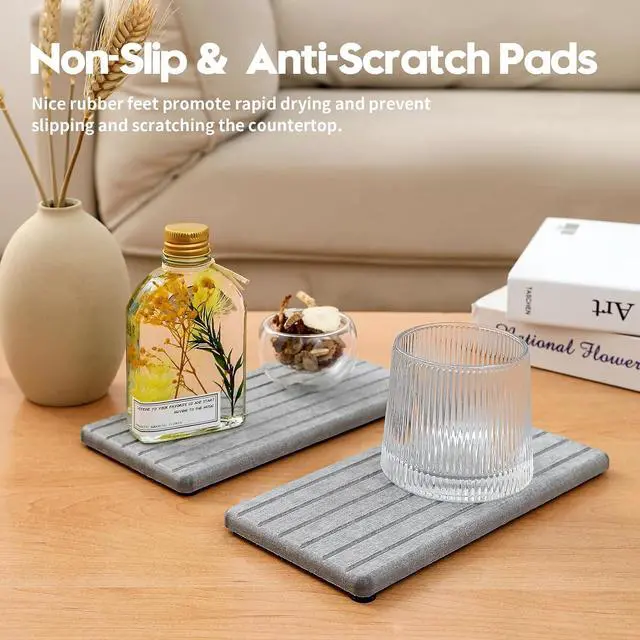 Alt view image 4 of 7 - Razborci 2PCS Instant Dry Diatomite Stone Counter Makeup Tray Organizer, Fast Drying Caddy Kitchen Sponge Holder Mat, Bathroom Vanity Toothbrush Bottle Dispenser Soap Dish Rack, Light Gray, 8"x 3.8"
