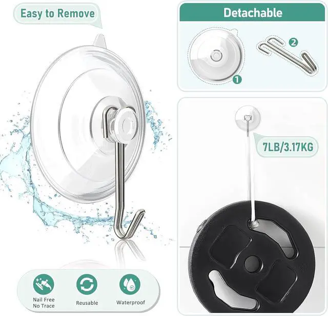 Alt view image 3 of 7 - Hangerspace Suction Cup Hooks, Heavy Duty Large Window Hook, Clear, 8 Pack | Removable, Detachable, with Stainless Steel Hooks, Rustproof, Leave No Trace, for Kitchen Bathroom Shower Wall Window Glass