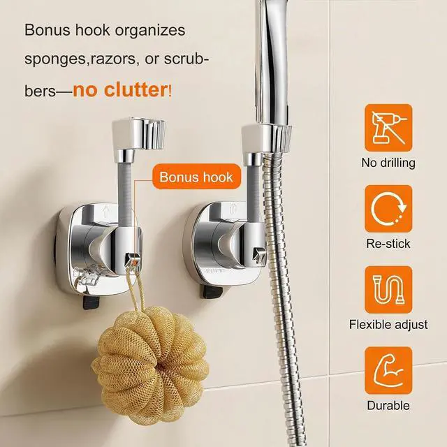 Alt view image 4 of 7 - Suction Cup Shower Head Holder, Handheld Shower Hose Holder Angle Adjustable Spring Arm Rustproof Wall Mounted Showers Bracket Removable for Bathroom Kitchen