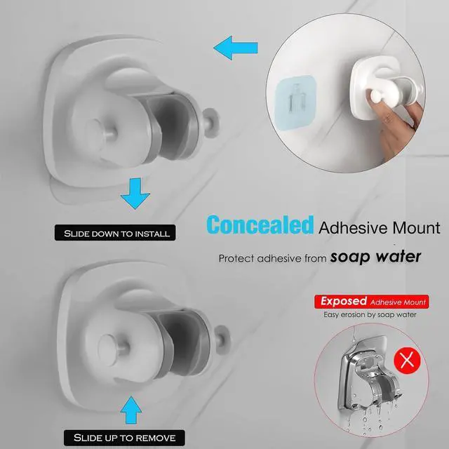 Alt view image 4 of 7 - Wall Mount Handheld Shower Head Holder - 5 Angles Adjustable - Concealed Adhesive Mount - Screw Alternative - Bathroom Shower Hose Holder (Gloss White)