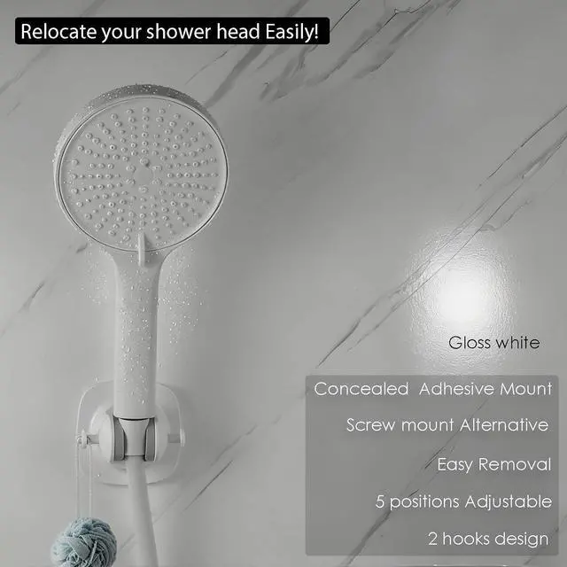 Alt view image 2 of 7 - Wall Mount Handheld Shower Head Holder - 5 Angles Adjustable - Concealed Adhesive Mount - Screw Alternative - Bathroom Shower Hose Holder (Gloss White)