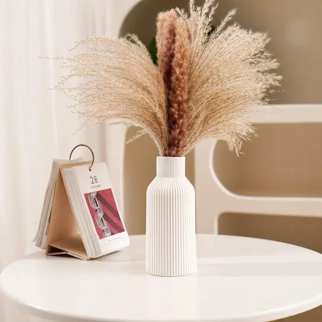 Alt view image 2 of 7 - Bohemian White Ceramic Vase - for Pampas Grass, Mantel, Bookshelf, Entryway and Living Room Decor (White, 7in)