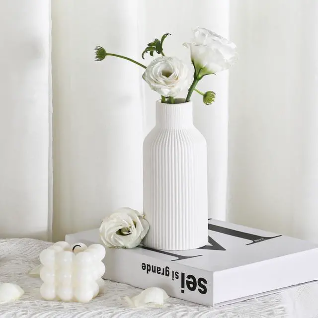 Alt view image 6 of 7 - Bohemian White Ceramic Vase - for Pampas Grass, Mantel, Bookshelf, Entryway and Living Room Decor (White, 7in)