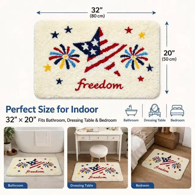 Alt view image 2 of 7 - 4th of July Patriotic Flag Bath Mat, Red White Blue Stars and Fireworks Tufted Bath Rug, Soft Non Slip Bathroom Rug for Tub Shower, 250th Anniversary Independence Day Decor, 20 x 32 Inch