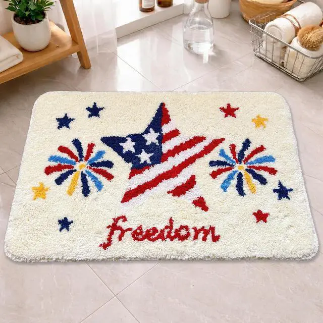 Main image of 4th of July Patriotic Flag Bath Mat, Red White Blue Stars and Fireworks Tufted Bath Rug, Soft Non Slip Bathroom Rug for Tub Shower, 250th Anniversary Independence Day Decor, 20 x 32 Inch