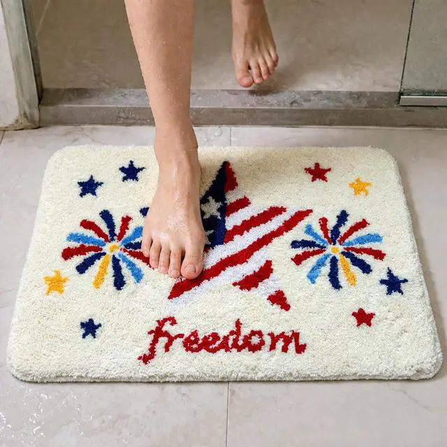 Alt view image 4 of 7 - 4th of July Patriotic Flag Bath Mat, Red White Blue Stars and Fireworks Tufted Bath Rug, Soft Non Slip Bathroom Rug for Tub Shower, 250th Anniversary Independence Day Decor, 20 x 32 Inch