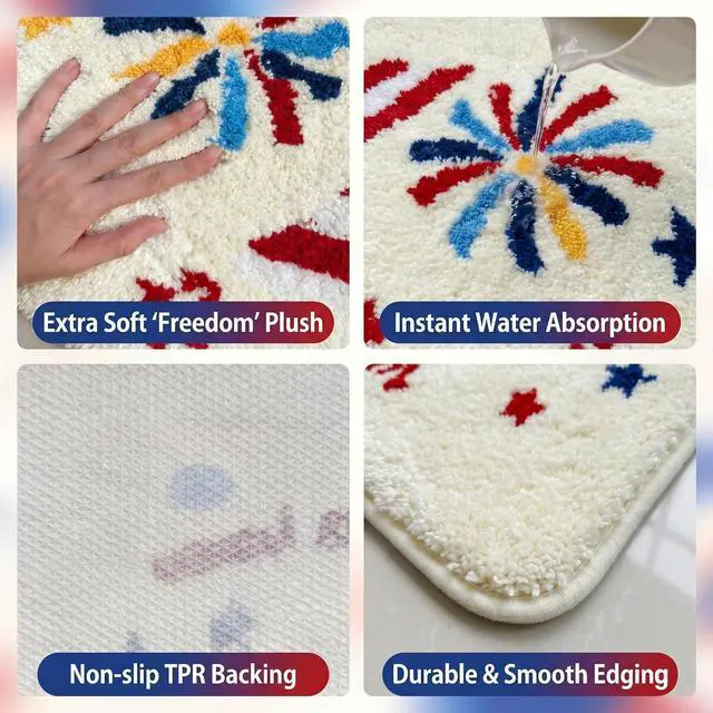 Alt view image 3 of 7 - 4th of July Patriotic Flag Bath Mat, Red White Blue Stars and Fireworks Tufted Bath Rug, Soft Non Slip Bathroom Rug for Tub Shower, 250th Anniversary Independence Day Decor, 20 x 32 Inch