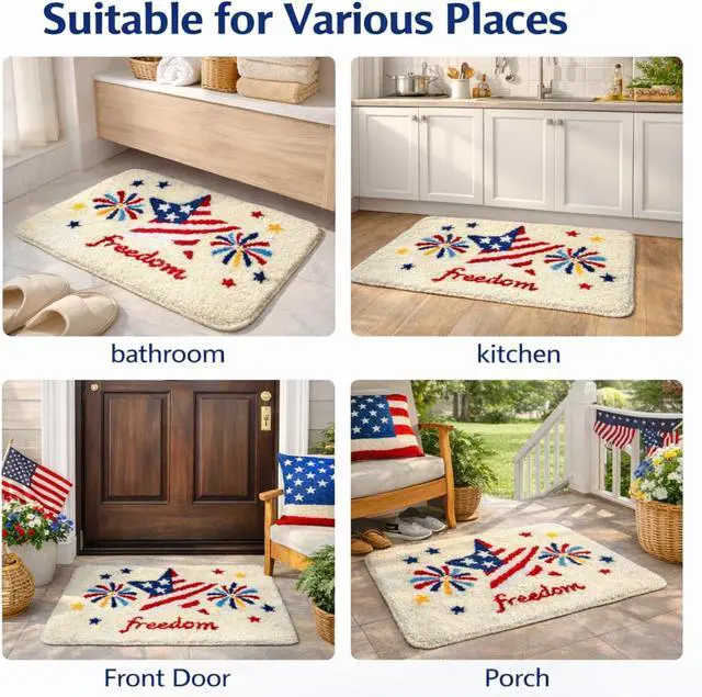 Alt view image 5 of 7 - 4th of July Patriotic Flag Bath Mat, Red White Blue Stars and Fireworks Tufted Bath Rug, Soft Non Slip Bathroom Rug for Tub Shower, 250th Anniversary Independence Day Decor, 20 x 32 Inch