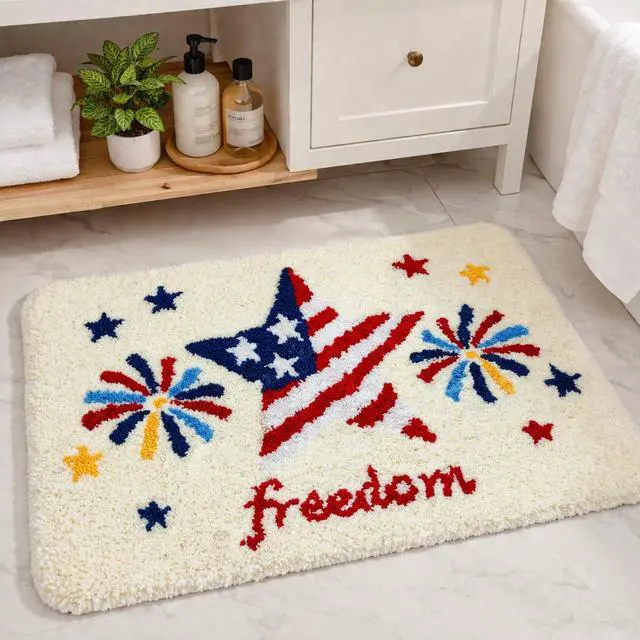 Alt view image 6 of 7 - 4th of July Patriotic Flag Bath Mat, Red White Blue Stars and Fireworks Tufted Bath Rug, Soft Non Slip Bathroom Rug for Tub Shower, 250th Anniversary Independence Day Decor, 20 x 32 Inch