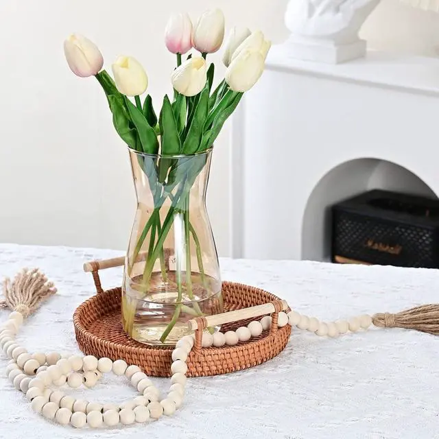 Alt view image 4 of 7 - 8 Inch Amber Glass Vase for Flowers, Modern Boho Table Decor | Farmhouse Vases For Rustic Vintage Living Room Kitchen Bedroom Halloween Christmas Decor House Book Shelf Office Decor