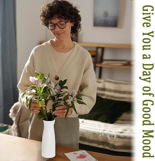 Alt view image 6 of 7 - Unbreakable Vase for Flowers,White Plastic Vase Minimalist Style | Unbreakable Vase for Flowers, Ceramic Look Plastic Vase for Home Decor, Living Room, Table, Fit for Table Shelf Centerpieces