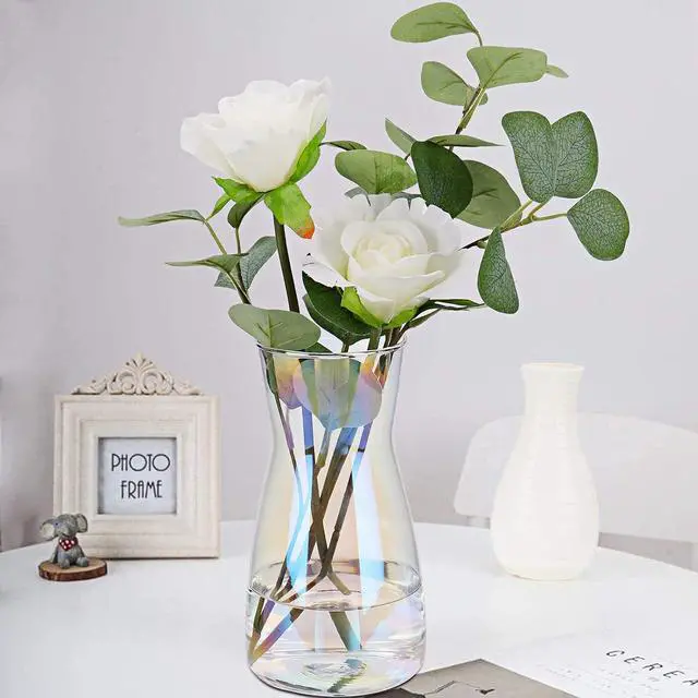 Alt view image 6 of 7 - 8 Inch Iridescent Glass Vase for Flowers, Modern Boho Table Decor | Farmhouse Vases For Rustic Vintage Living Room Kitchen Bedroom Halloween Christmas Decor House Book Shelf Office Decor