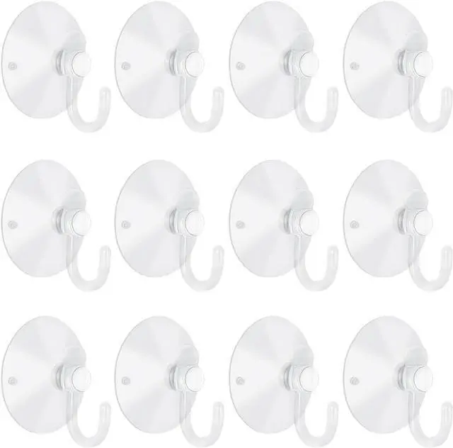 Main image of 12 Pieces Small Suction Cups with Hooks 1.2 inch Clear Plastic Sucker Hooks for Glass Window Wall Festivals Parties Theme Carnival Decoration Door Bathroom Kitchen