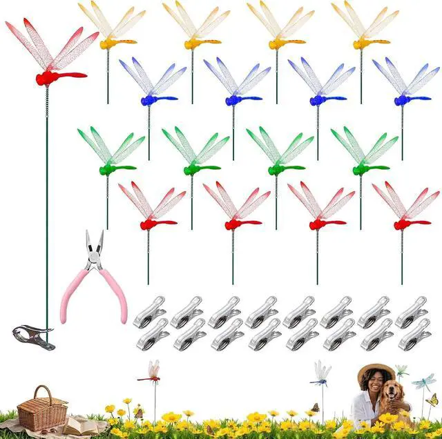 Main image of Jongdari 16 Sets Dragonfly Hat Clip Realistic Fake Dragonflies Clip-On Garden Outdoor Decor Stakes Plastic Dragon Fly Clips Plant Decorations for Pots, Includes Pliers & Clips - Small