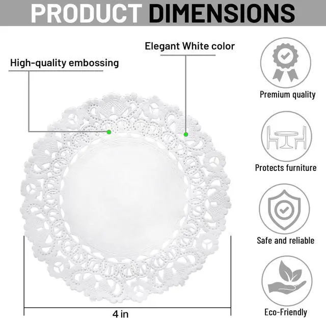 Alt view image 5 of 7 - White 4-Inch Round Paper Lace Doilies, 100 Pack | Disposable, Decorative Placemats, For Desserts & Small Treats, Silverware Wrapping
