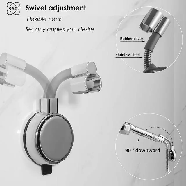 Alt view image 4 of 7 - Suction Cup Handheld Shower Head Holder - Reusable - 360 Swivel Adjustable - Wall Mount Shower Wand Holder