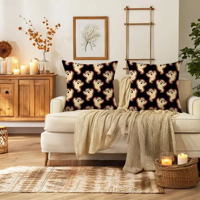 Alt view image 2 of 6 - Halloween Pillow Covers 16 x 16 Inch Set of 2 Cute Ghost Boo Couch Throw Pillow Covers Decorative Pillow Case Cushion Case for Chair Sofa Bedroom Living Room Halloween Home Decor Black