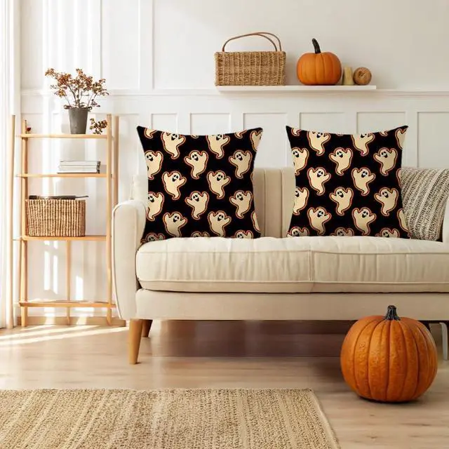 Alt view image 6 of 6 - Halloween Pillow Covers 16 x 16 Inch Set of 2 Cute Ghost Boo Couch Throw Pillow Covers Decorative Pillow Case Cushion Case for Chair Sofa Bedroom Living Room Halloween Home Decor Black