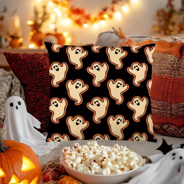 Alt view image 5 of 6 - Halloween Pillow Covers 16 x 16 Inch Set of 2 Cute Ghost Boo Couch Throw Pillow Covers Decorative Pillow Case Cushion Case for Chair Sofa Bedroom Living Room Halloween Home Decor Black