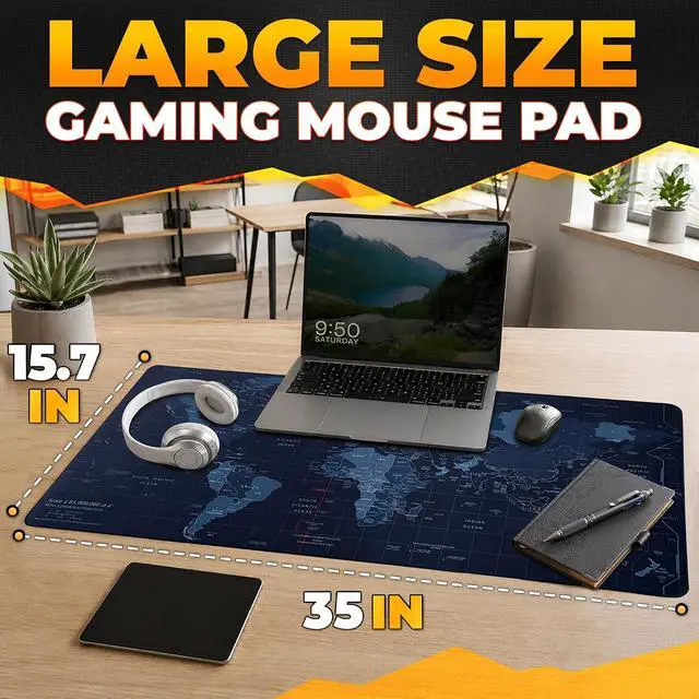 Alt view image 2 of 7 - Mouse Pad Desk Map XXL, 35"x15.7", Full World Print, Non-Slip Base | World Map Mouse Pad XXL, Geographical Print, Soft and Smooth Surface, Water-Resistant, Wide Coverage, for Gaming and Work