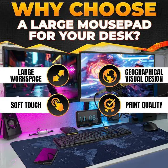 Alt view image 4 of 7 - Mouse Pad Desk Map XXL, 35"x15.7", Full World Print, Non-Slip Base | World Map Mouse Pad XXL, Geographical Print, Soft and Smooth Surface, Water-Resistant, Wide Coverage, for Gaming and Work