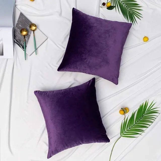 Alt view image 2 of 5 - UPOPO Dark Purple Velvet Throw Pillow Covers Soft Solid Decorative Pillowcase Set Square Cushion Case for Sofa Bedroom Chair Bench 2 Pcs 16 x 16 inch