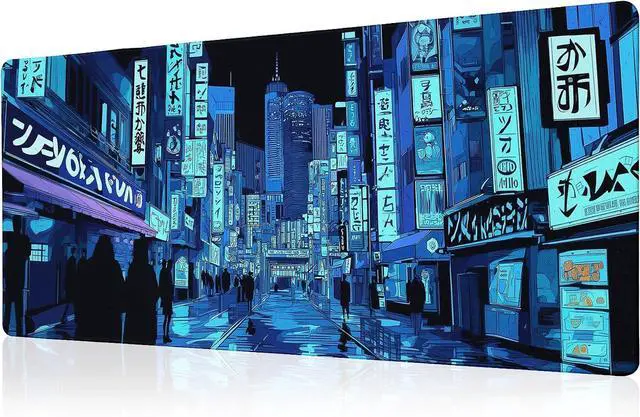 Main image of Dark Blue Japanese Gaming Mouse Pad Abstract Anime Mat 31.5x11.8 Inch Tokyo Pixel Street Texture Non-Slip Rubber Base Kawaii Mousepad Stitched Edges Keyboard Desk Pad for Office and Home Game