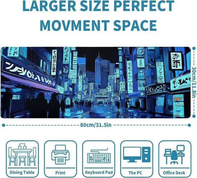 Alt view image 2 of 7 - Dark Blue Japanese Gaming Mouse Pad Abstract Anime Mat 31.5x11.8 Inch Tokyo Pixel Street Texture Non-Slip Rubber Base Kawaii Mousepad Stitched Edges Keyboard Desk Pad for Office and Home Game