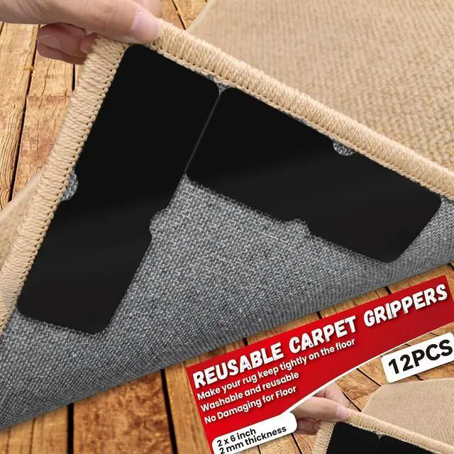 Main image of Reusable Rug Tape Non Slip Grippers for Hardwood Floors No Damaging, 4Pcs | Keep Carpet Corners Down Flat on Laminate Floor, Tiles, Under Carpet Double Sided Tape Stickers Pads Invisible No Residue