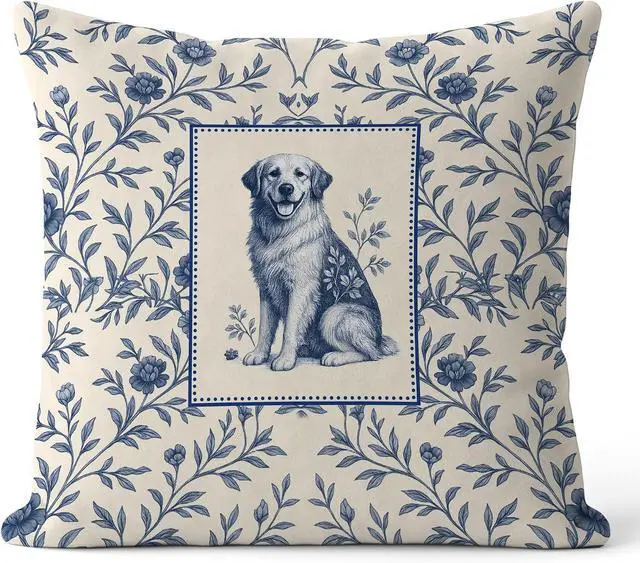 Main image of Blue and White Chinoiserie Floral Golden Retriever Pillow Covers 18x18, Gifts for Golden Retriever Lovers, Vintage Blue Toile de Jouy Dog Decorative Throw Pillow Covers for Home Room Bedroom