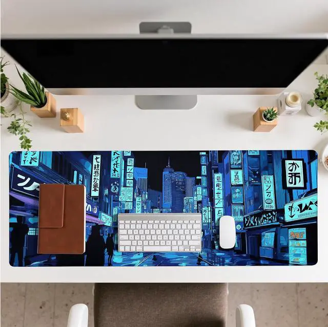 Alt view image 3 of 7 - Dark Blue Japanese Gaming Mouse Pad Abstract Anime Mat 31.5x11.8 Inch Tokyo Pixel Street Texture Non-Slip Rubber Base Kawaii Mousepad Stitched Edges Keyboard Desk Pad for Office and Home Game