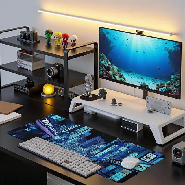Alt view image 7 of 7 - Dark Blue Japanese Gaming Mouse Pad Abstract Anime Mat 31.5x11.8 Inch Tokyo Pixel Street Texture Non-Slip Rubber Base Kawaii Mousepad Stitched Edges Keyboard Desk Pad for Office and Home Game