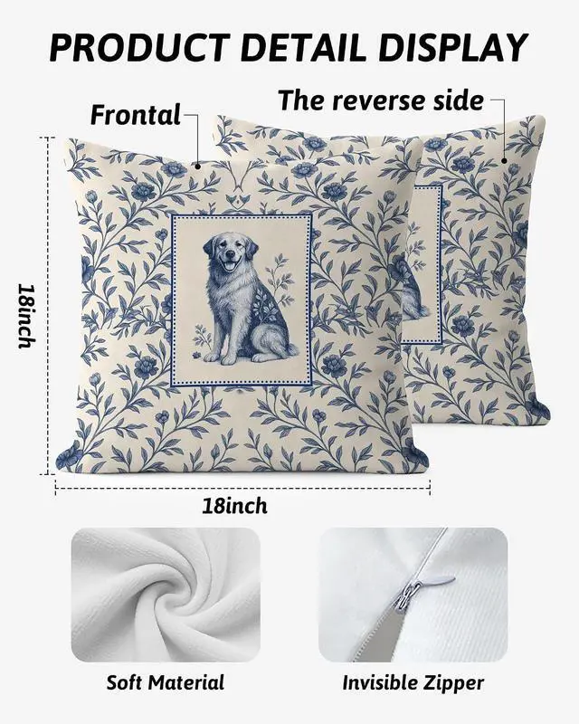 Alt view image 2 of 6 - Blue and White Chinoiserie Floral Golden Retriever Pillow Covers 18x18, Gifts for Golden Retriever Lovers, Vintage Blue Toile de Jouy Dog Decorative Throw Pillow Covers for Home Room Bedroom