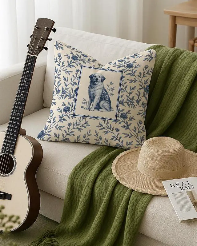 Alt view image 3 of 6 - Blue and White Chinoiserie Floral Golden Retriever Pillow Covers 18x18, Gifts for Golden Retriever Lovers, Vintage Blue Toile de Jouy Dog Decorative Throw Pillow Covers for Home Room Bedroom
