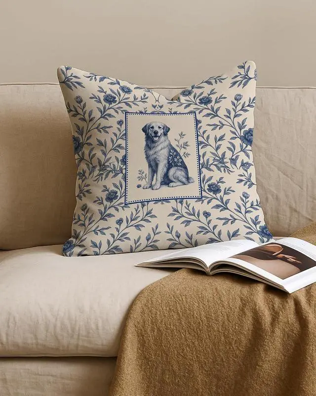 Alt view image 5 of 6 - Blue and White Chinoiserie Floral Golden Retriever Pillow Covers 18x18, Gifts for Golden Retriever Lovers, Vintage Blue Toile de Jouy Dog Decorative Throw Pillow Covers for Home Room Bedroom